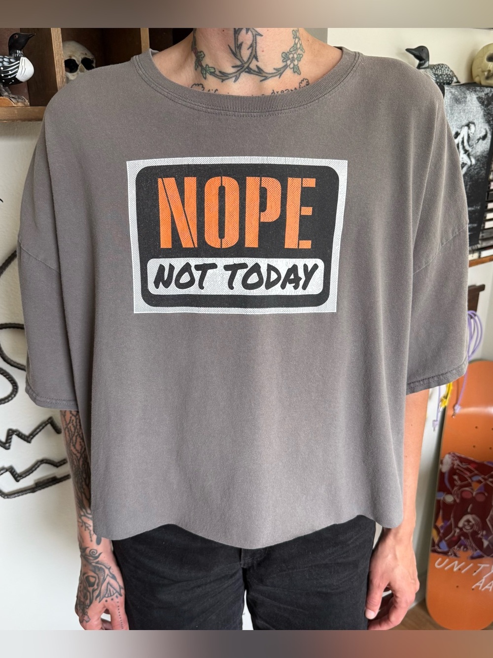 Vintage 90s 2000s Cropped Boxy Nope Funny Gray S/S Graphic Tee ~ Size XXL
